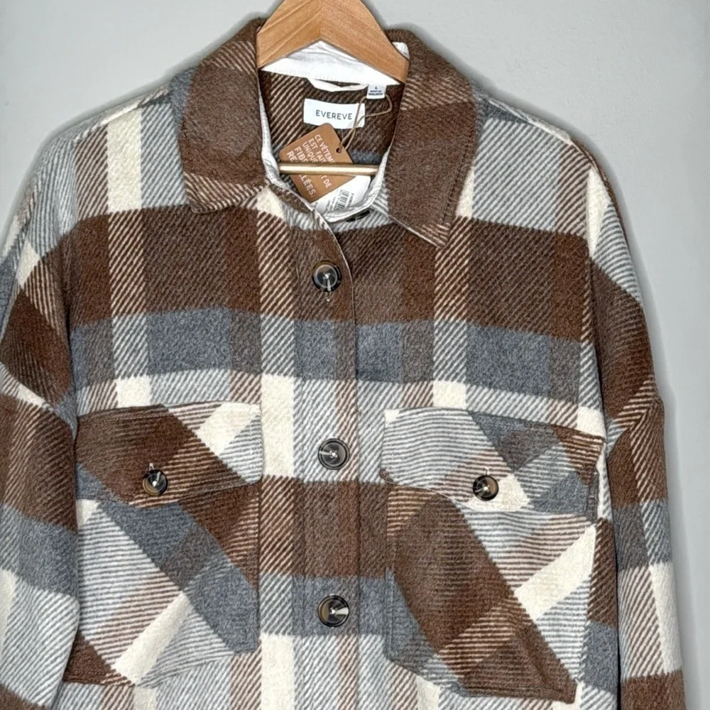 Evereve Raye Long Plaid Shacket Jacket in Camel Size Large NWT